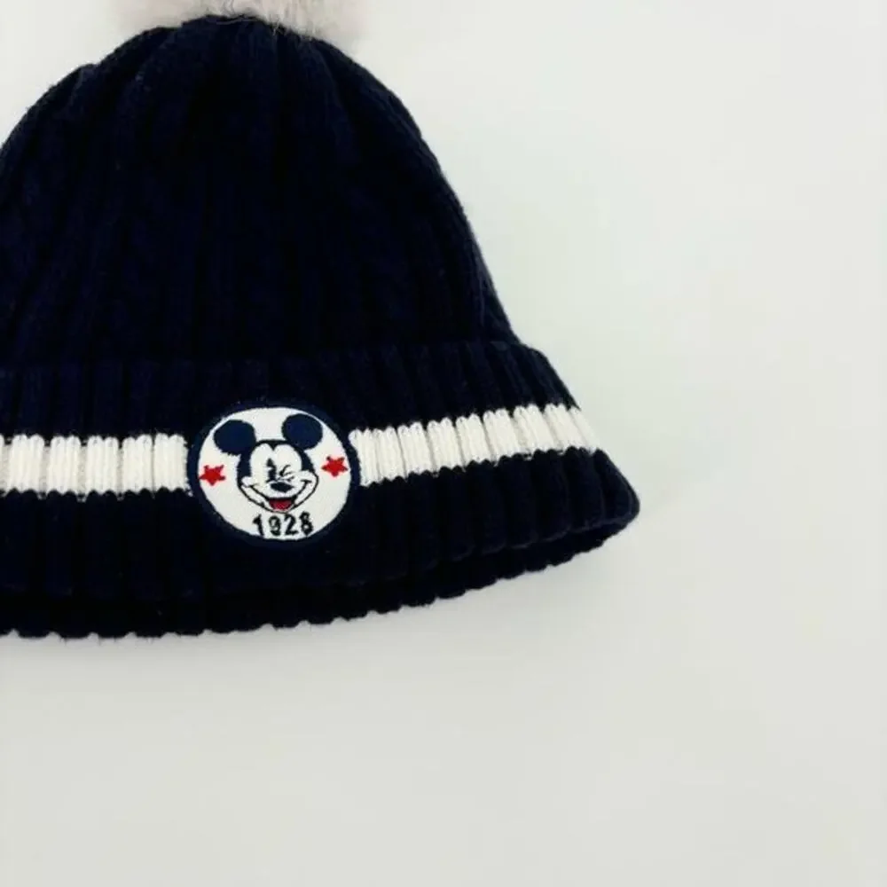H&M Cable Knit Mickey Mouse Hat Pompom Size 2/6 Months Navy‎ White